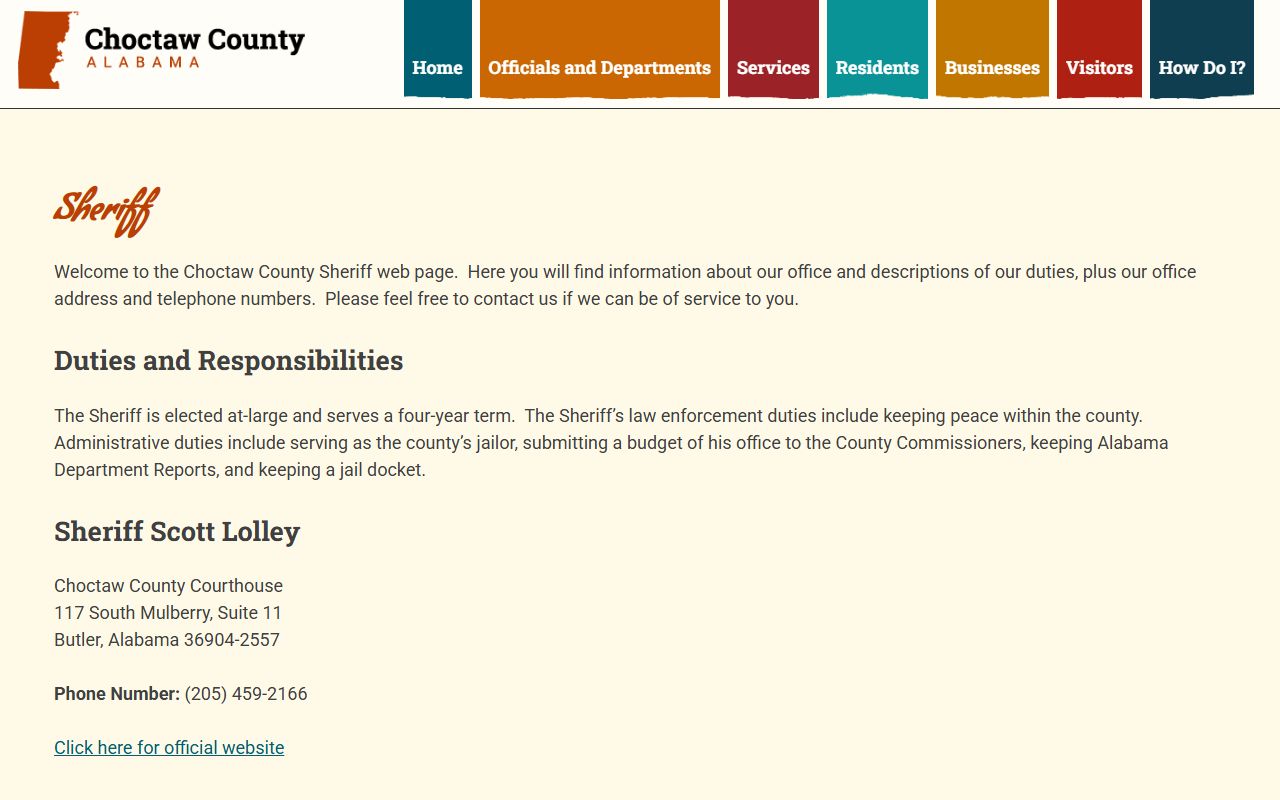 Choctaw County Sheriff's Office page for closed Choctaw County Jail inmate lookup
