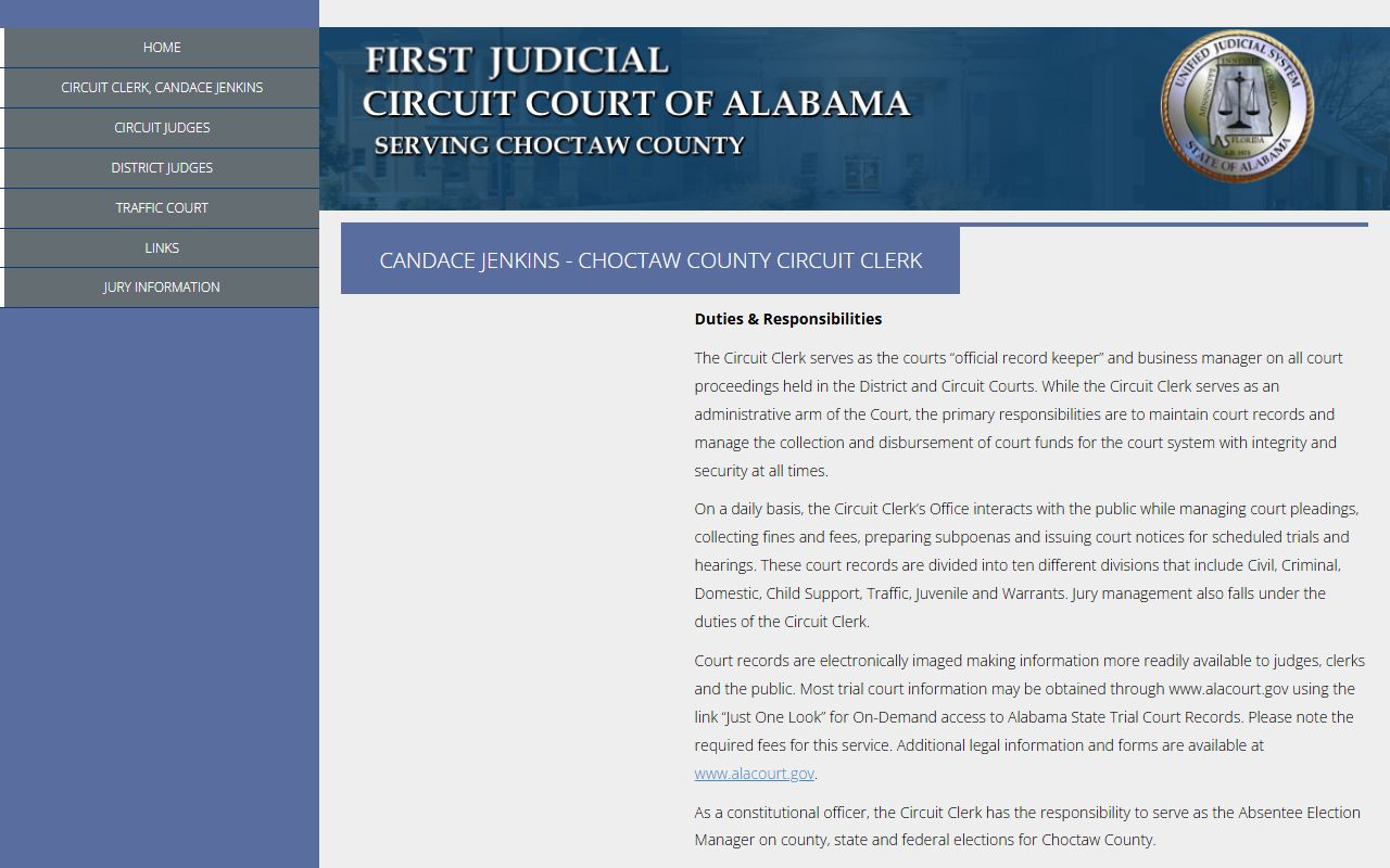 Choctaw County Circuit Clerk page for charges behind the county inmate population