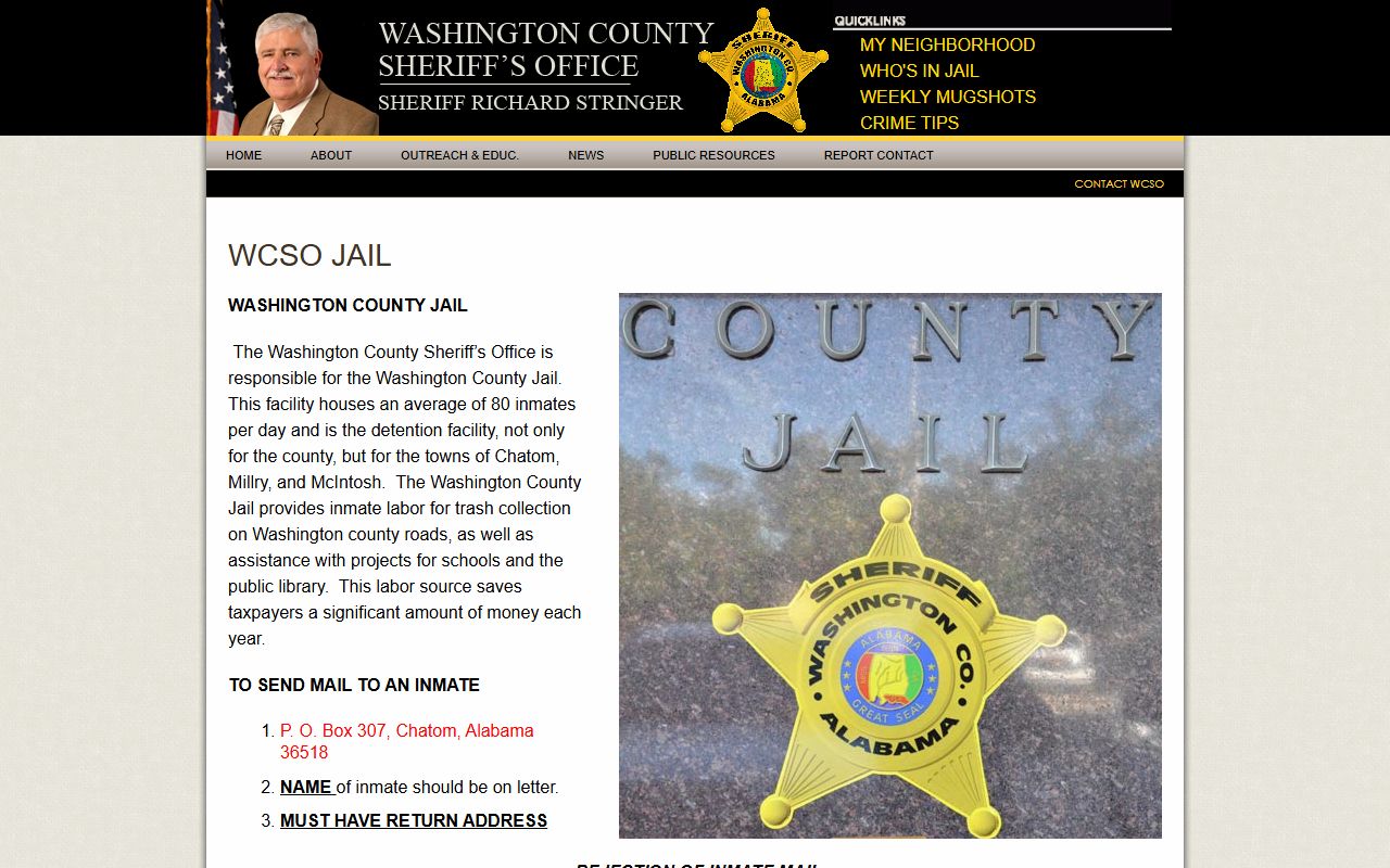 Washington County Jail information page for Choctaw County detainee custody search